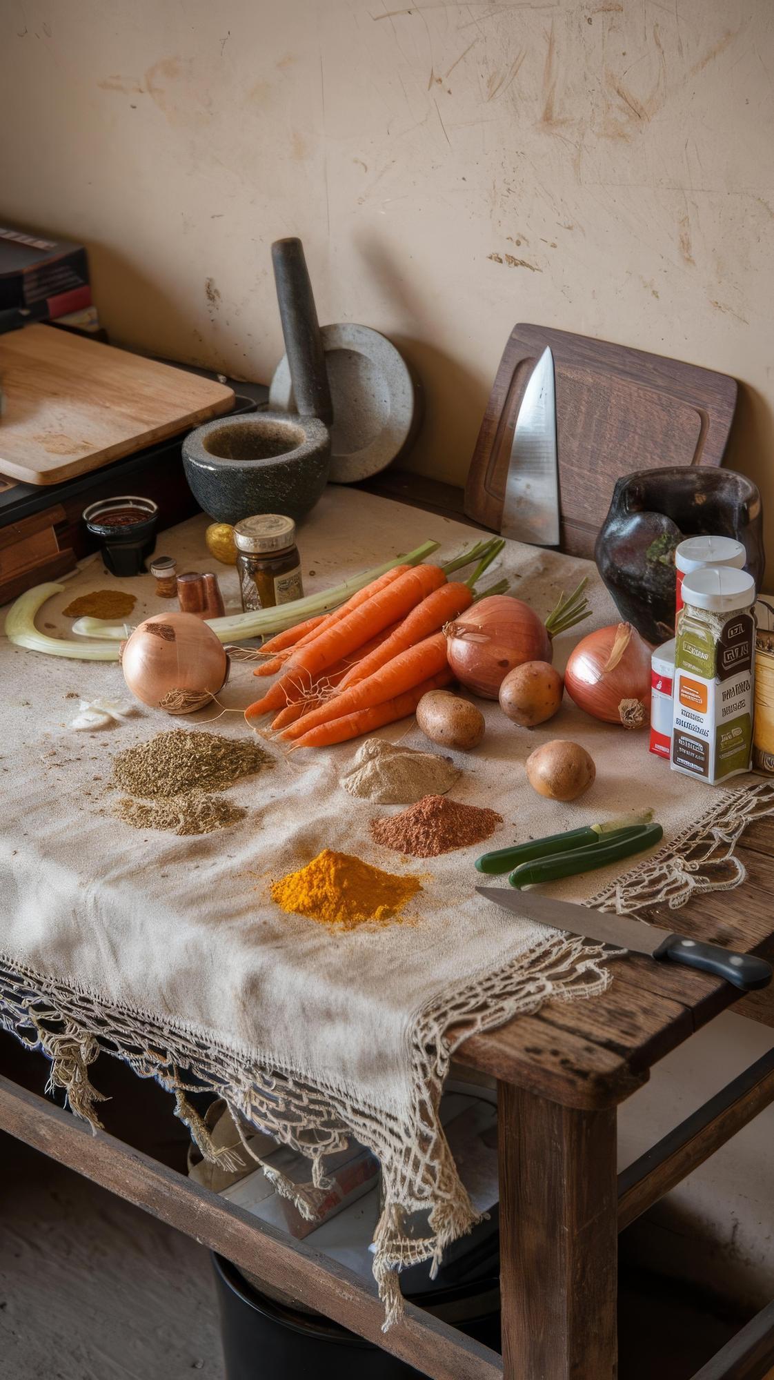 Small kitchen workshop with wooden table and ingredients